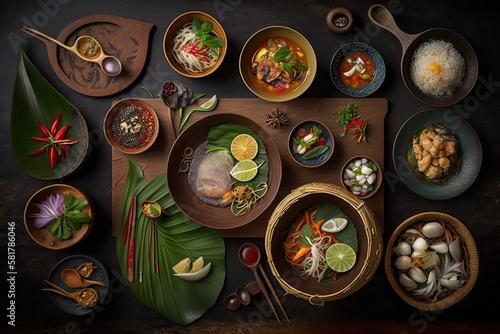 Many kinds of local Thai food Ready to eat tableware Family Menu. Generative AI