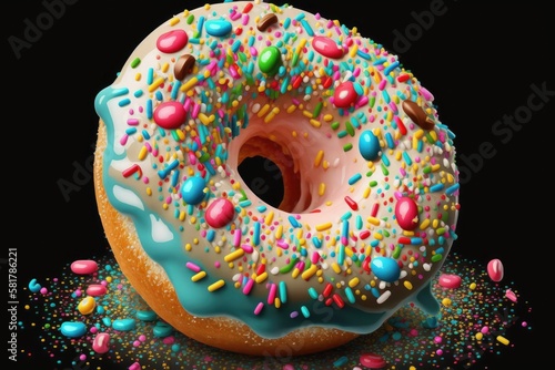 Donut. sweet meal covered in frosting. colorful dessert snack sprinkles with glaze. breakfast treat of wonderful pastries. baked goods. donut covered in icing. unhealthily baked round. Generative AI photo