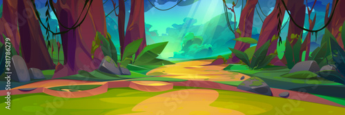 Summer jungle forest landscape with magic sunlight beam. Mysterious wild vector illustration with sun light ray, liana on trees and glade. Tropical meadow with rock on ground and green plants