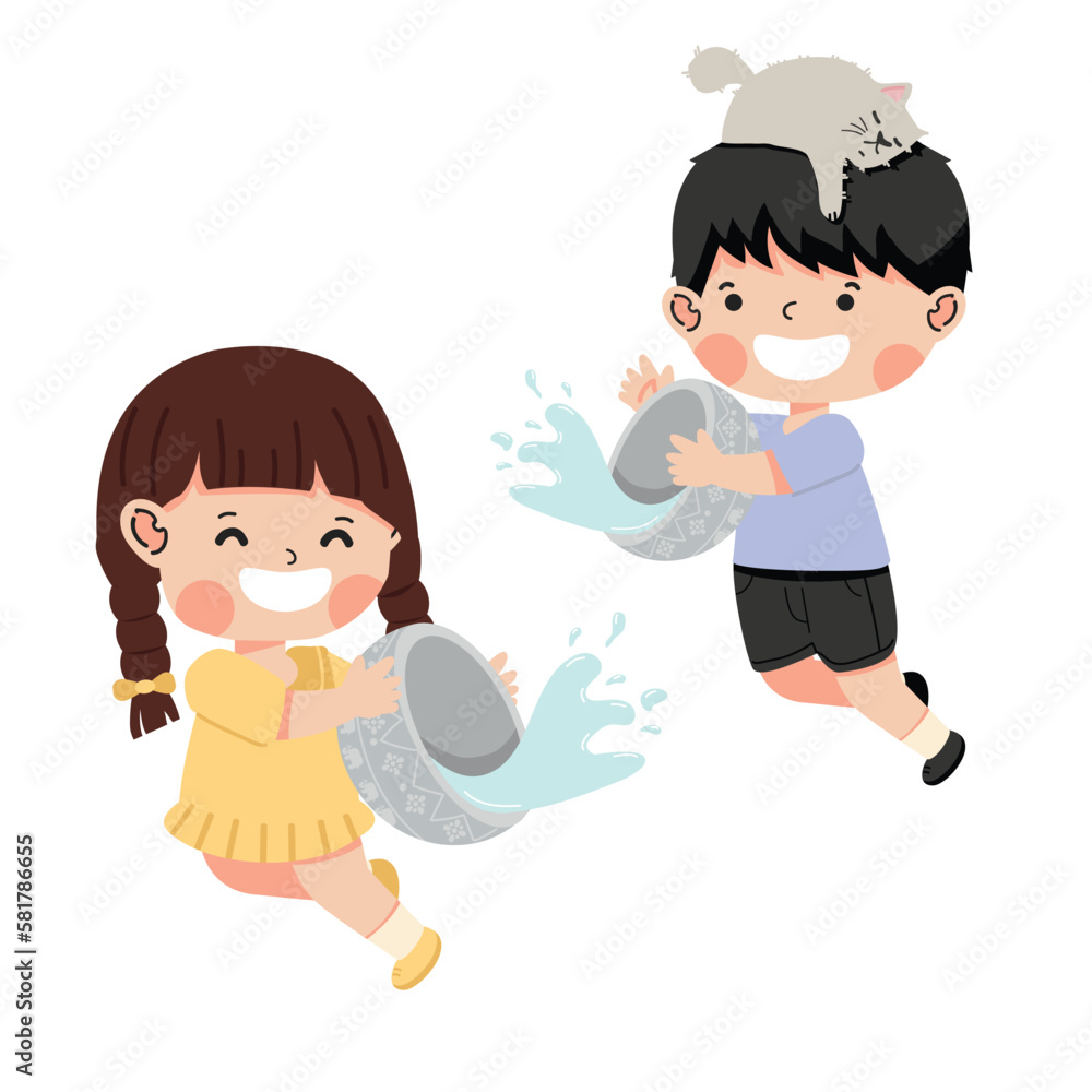 boy and girl splashing water with water bowl boy and girl splashing water with water bowl
