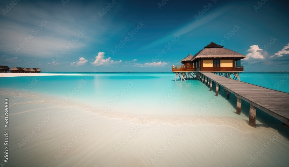 Overwater bungalow. Amazing paradise islands of Maldives. Generative AI