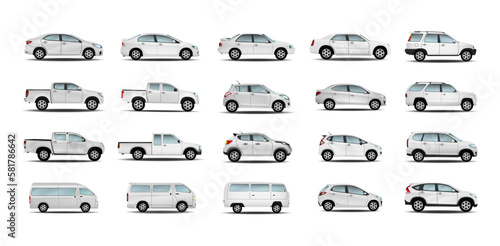 Set cars white mockup realistic isolate on the background. Ready to apply to your design. Vector illustration.