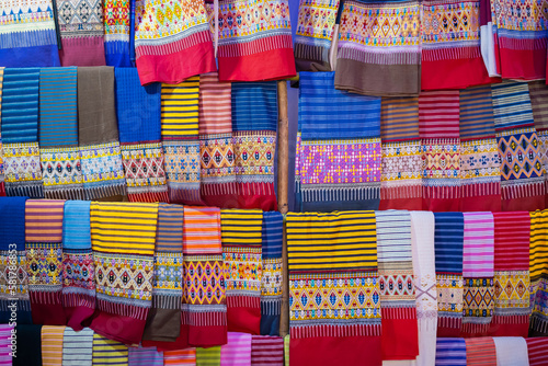 Beautiful colorful traditional textile is woven local fabrics with unique craftsmanship famous sarong of people in Mae Chaem district Chiang Mai, Thailand.