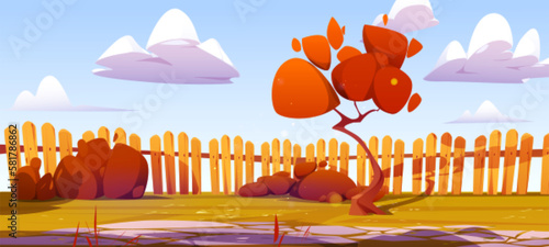 Autumn backyard garden with wooden fence vector illustration. Empty fall rural back yard with stone paved ground and bush. Countryside exterior with walkway area. Village lawn with barrier