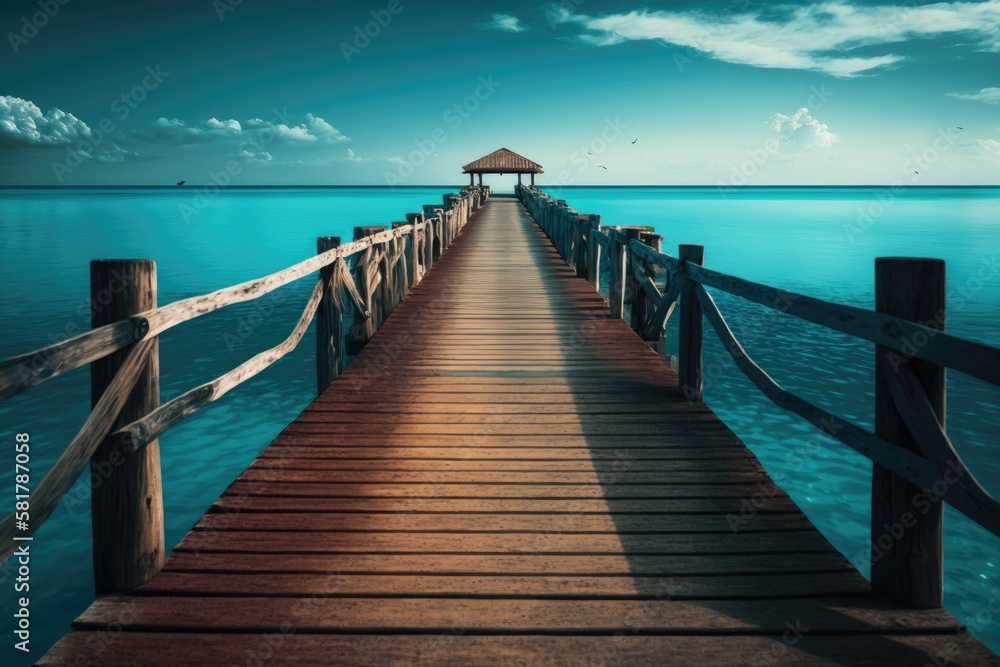 a wooden pier with a background of blue water and sky. Generative AI