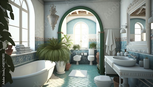 Bright and colorful mediterrean style bathroom with antique looking interior