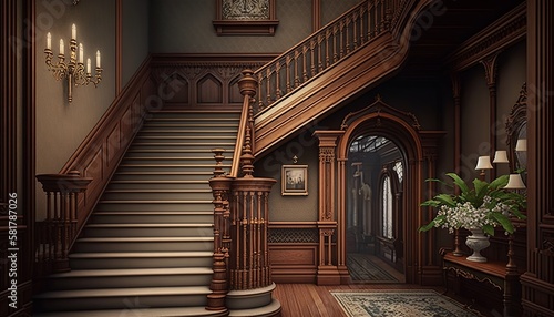 Victorian interior style big wooden stairway with pictures on the wall