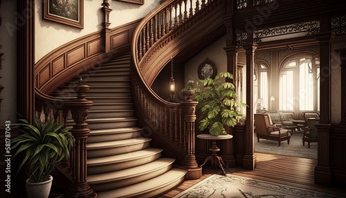 Victorian interior style big wooden stairway with pictures on the wall