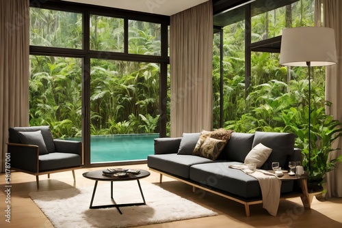 interior design luxury living room in the middle of rain forest, generative art by A.I photo