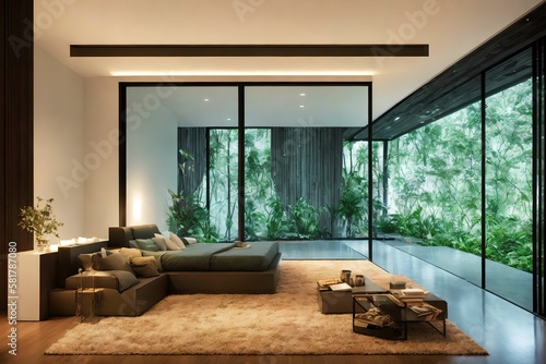 interior design luxury living room in the middle of rain forest, generative art by A.I photo