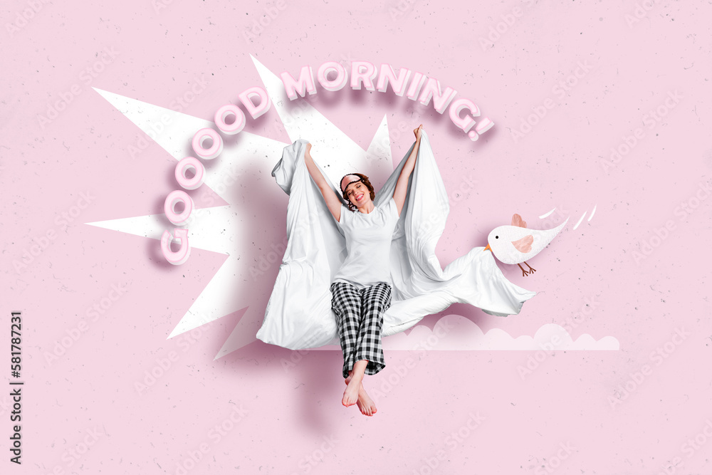 Collage 3d artwork cartoon image picture poster of funny sleepy girl waking up late sunny morning isolated on drawing background - obrazy, fototapety, plakaty 