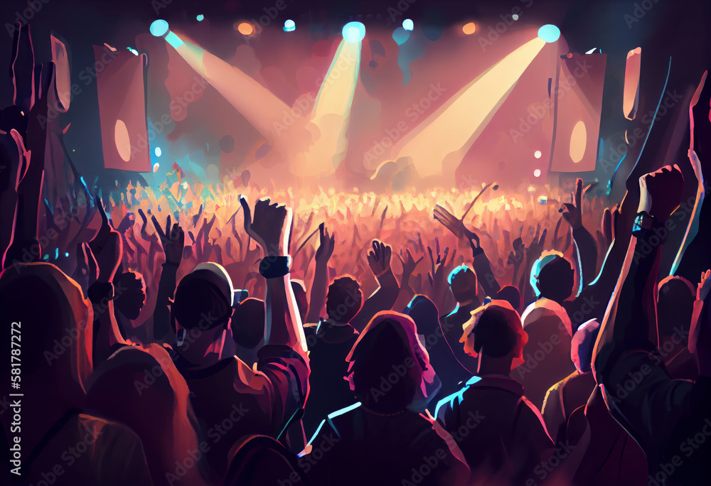 Crowd raising their hands at music concert. Audience enjoying rock, dance, edm and club festival party. Cartoon painting illustration. Generative AI Crowd raising their hands at music concert. Audience enjoying rock, dance, edm and club festival party. Cartoon painting illustration. Generative AI