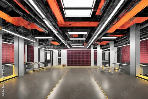 futuristic interior hall way laboratory room with neon light, generative art by A.I