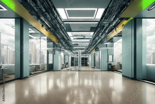 futuristic interior hall way laboratory room with neon light, generative art by A.I