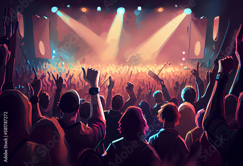 Crowd raising their hands at music concert. Audience enjoying rock, dance, edm and club festival party. Cartoon painting illustration. Generative AI © junghc1