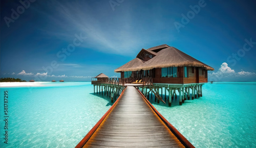 Wooden jetty to overwater bungalow.. Amazing paradise islands of Maldives. Generative AI © piai