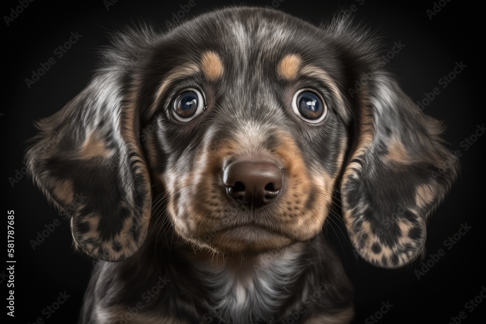 Double dapple Dachshund puppy with wide eyes displays astonishment and intimidation. Generative AI Double dapple Dachshund puppy with wide eyes displays astonishment and intimidation. Generative AI