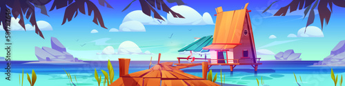 Vector house on stilt tropical sea landscape. Wooden hut with private pier cartoon background with palm tree leaves. Paradise in small hawaii bungalow vacation. Summer sky and rock ocean view scene. © klyaksun