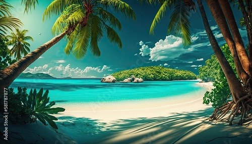 Tropical island beach shore with exotic palm trees, crystal-clear turquoise Caribbean sea water and white sand. Generative AI illustration.