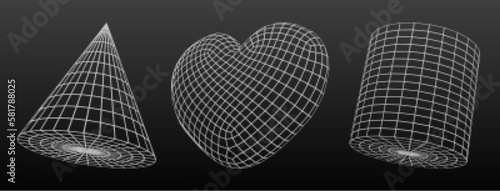 3d wireframe geometric shapes. Abstract geometry objects from line grid. Polygonal figures of heart, cone and cylinder in perspective view, vector outline illustration