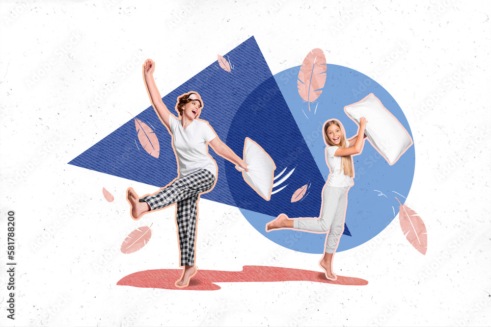 Fototapeta premium Collage creative 3d artwork picture sketch of cheerful glad people girls waking up have fun together isolated on drawing background