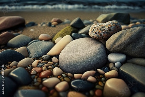 illustration, calm and captivating, a close up of a pebble beach, ai generative