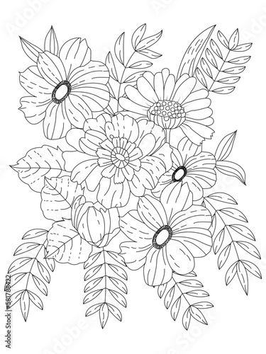 isolated, Doodle floral in black and white. Page for coloring book, interesting and relaxing art for children and adults.