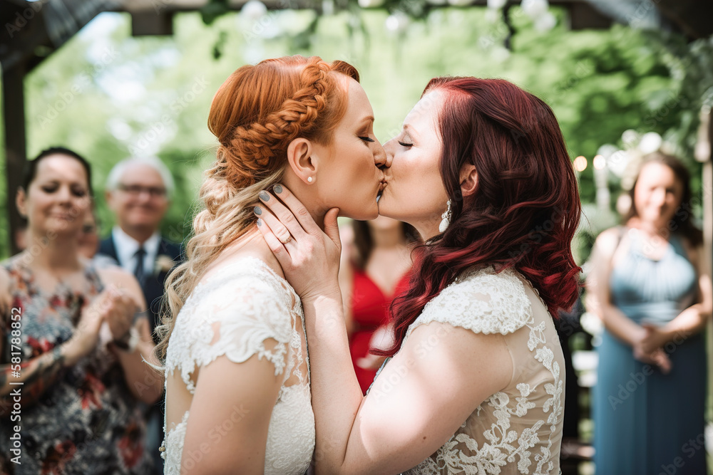 Two lesbian women in wedding dresses kissing at their wedding. Generative ai Two lesbian women in wedding dresses kissing at their wedding. Generative ai