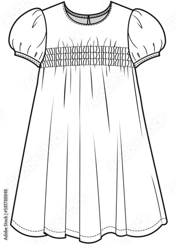 girls puff sleeve smocked dress flat sketch vector illustration short sleeve empire babydoll dress technical cad drawing template