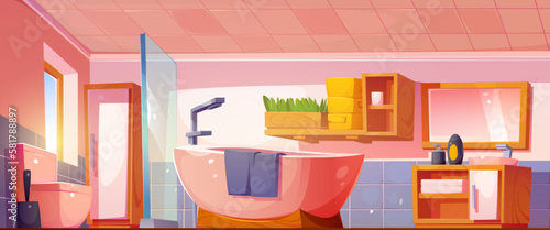 Cartoon bathroom interior design. Vector illustration of clean room with bath, toilet, shower with glass wall, washbasin, mirror on wall, towels on shelf, soap bottle for personal hygiene. Cozy home