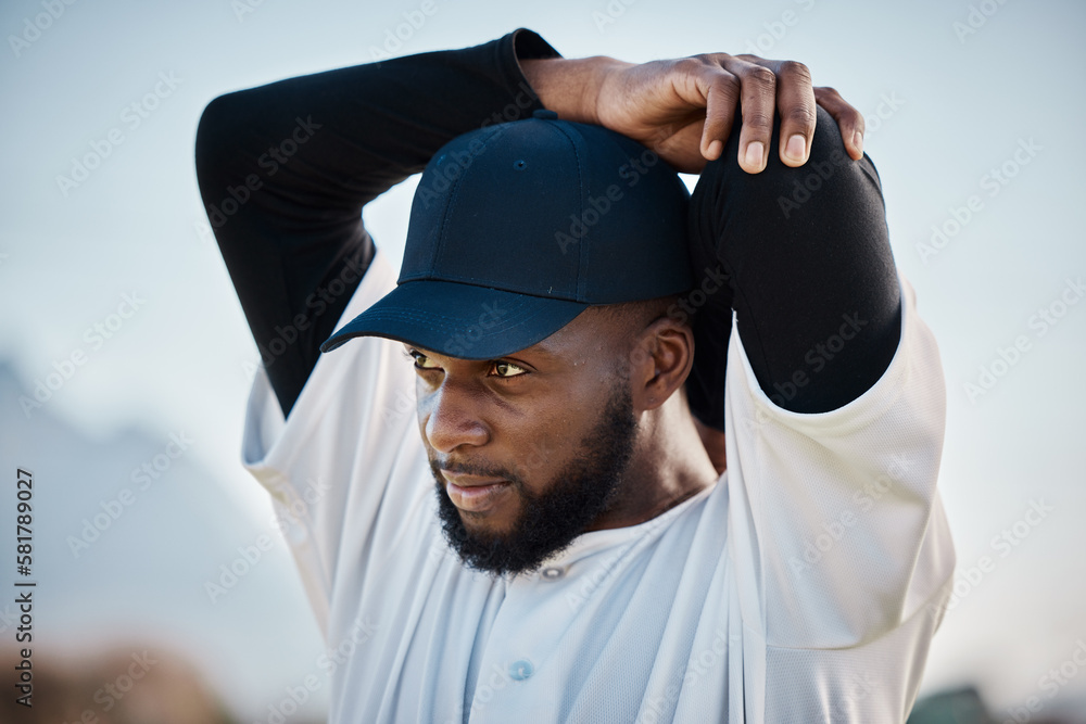 Baseball field, thinking or black man stretching in training ready for  match in outdoor workout. Arm exercise, fitness mindset or focused young  sports player in warm up to start playing softball Stock