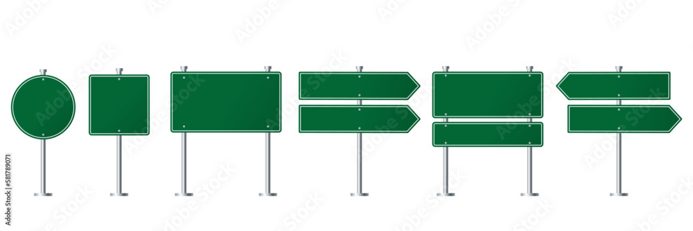 Collection of blank green road sign or Empty traffic signs difference isolated on white background. illustration vector Collection of blank green road sign or Empty traffic signs difference isolated on white background. illustration vector