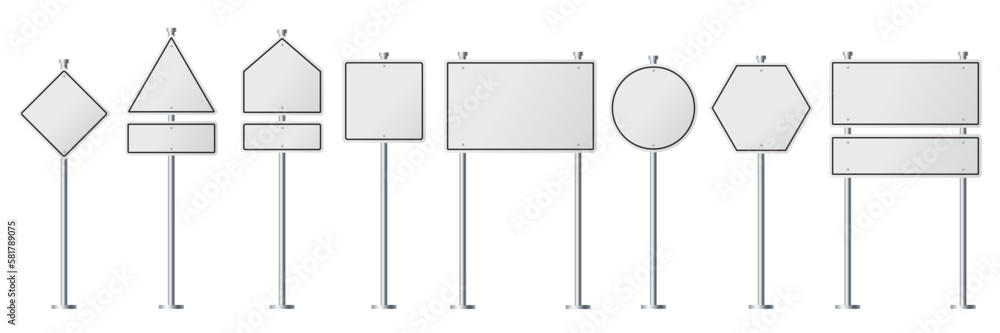 Collection of blank white road sign or Empty traffic signs difference isolated on white background. illustration vector
