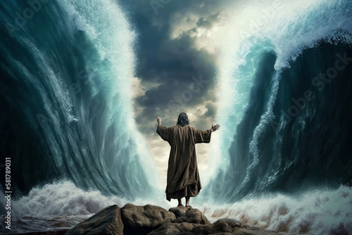 The story of Moses parting the Red Sea. Ai generated illustration.