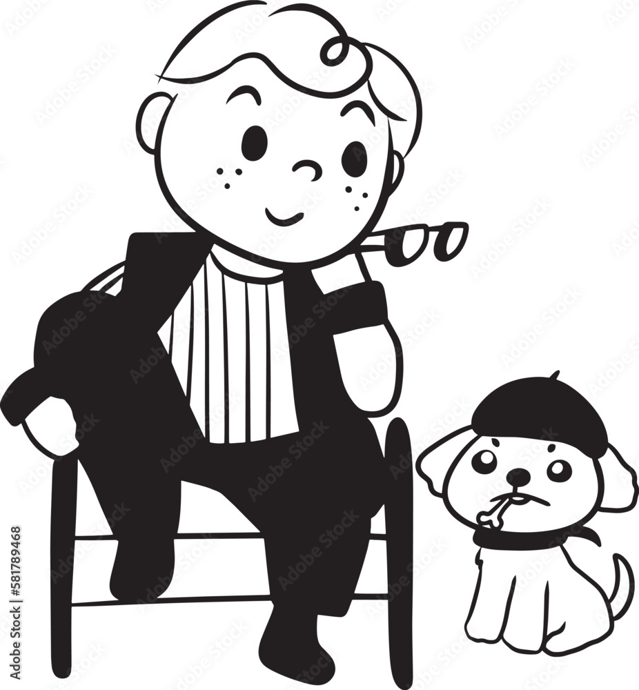 Obraz premium Cartoon man with puppy doodle kawaii anime coloring page cute illustration clipart character chibi manga comic drawing line art free download
