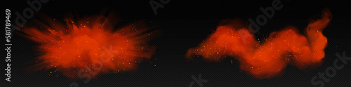 Red spice powder, paprika and ground chilli pepper explosion. Splashes of seasoning, red dust or paint isolated on transparent background, vector realistic illustration