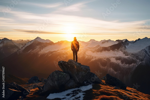 Hiker looks at his goal summit, climber wants to reach the goal, Swiss mountains, mountain landscape, climb summit, Generative AI
