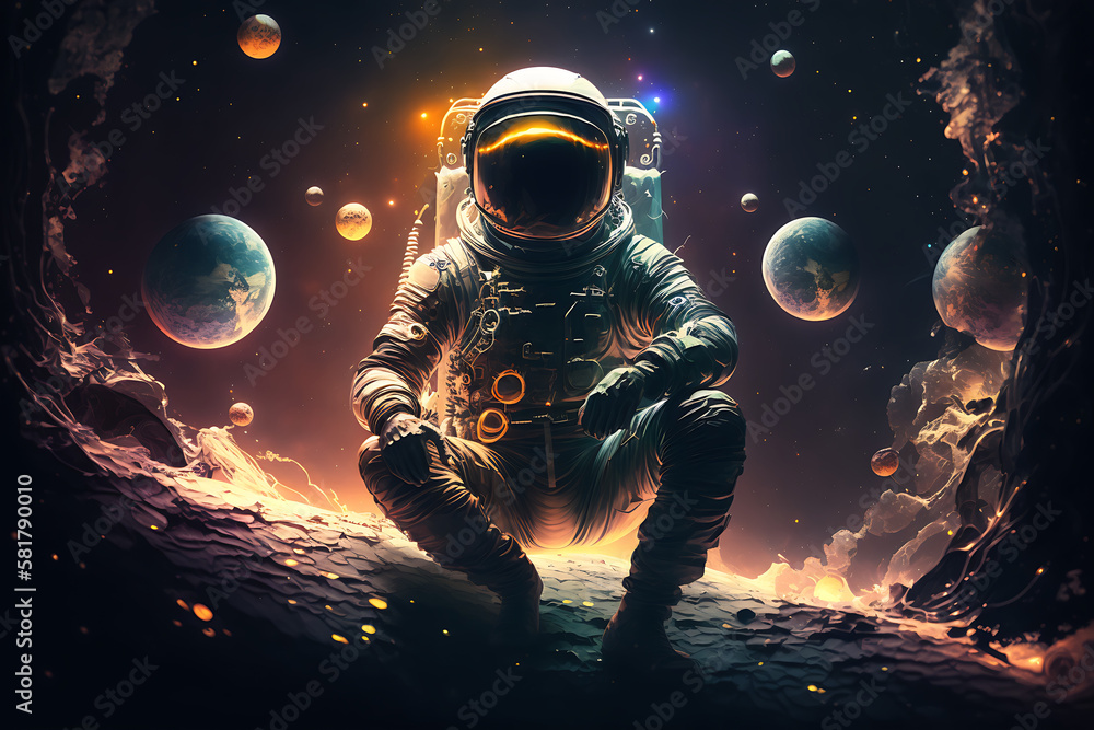 Astronaut posing on a planet in space, generative AI