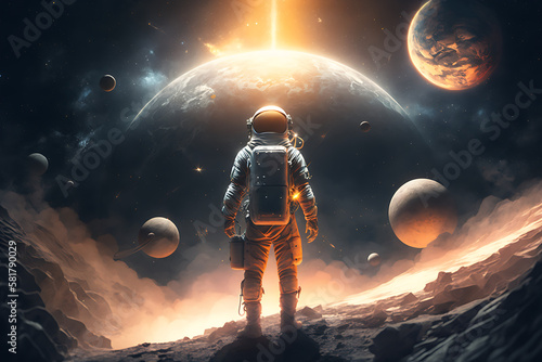 Astronaut standing between planets in space, generative AI
