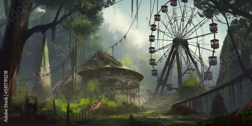 観覧車のある遊園地の廃墟_Ruins of an amusement park with a Ferris wheel_generative ai
