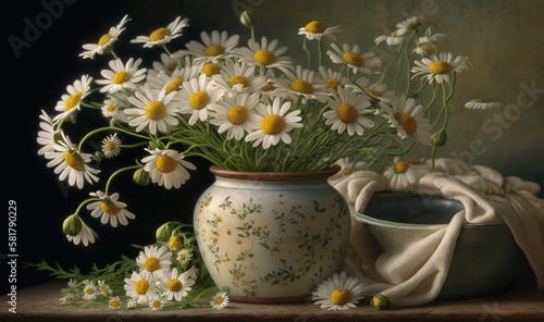 Wallpaper Mural  a painting of daisies in a vase next to a bowl.  generative ai Torontodigital.ca