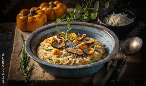  a bowl of food with mushrooms and rice on a table. generative ai