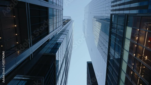 Tracking shot of tall buildings in New York, Financial district, Wall street