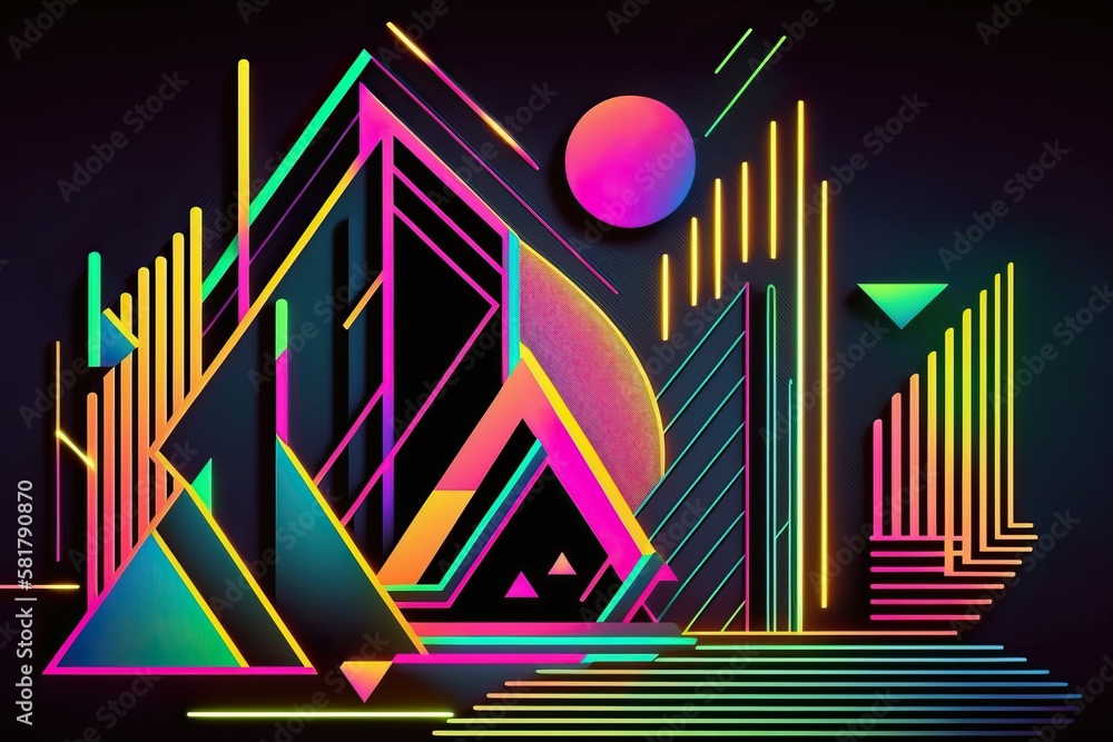Fototapeta premium Geometric shape and line with neon colors (Ai generated)