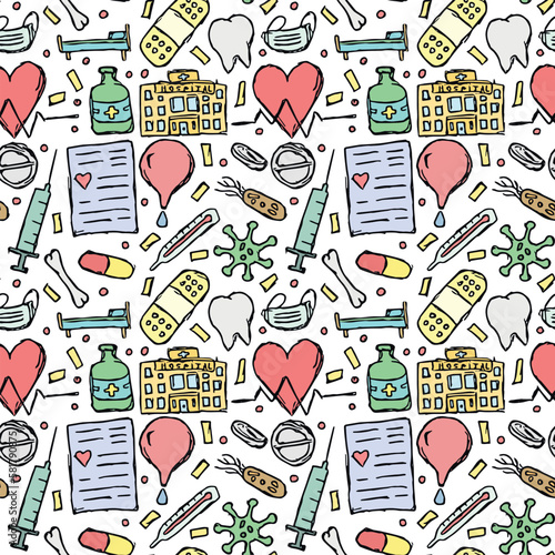 seamless medicine pattern. Doodle vector background with medicine icons. Vintage medicine icons