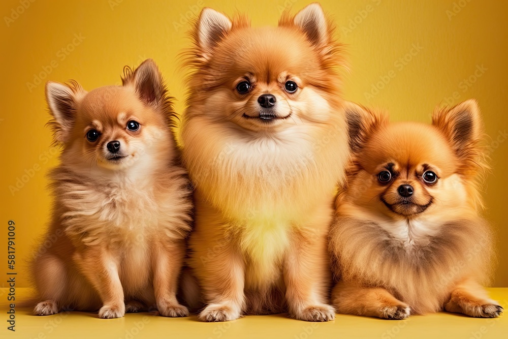 Pomeranian spitz and chihuahua puppies in a portrait pose. Little dogs with smiles laying on a fashionable bright yellow background. There is no text here. Generative AI