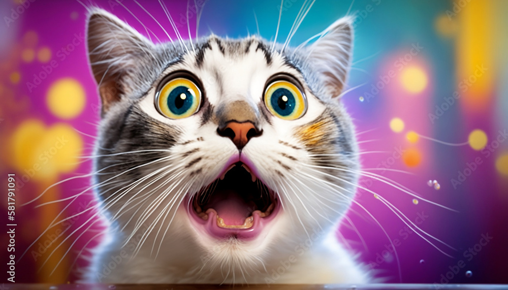 Surprised Cat: A Playful and Amusing Expression of Wonder and Amazement on a Vibrant Background. Generative AI