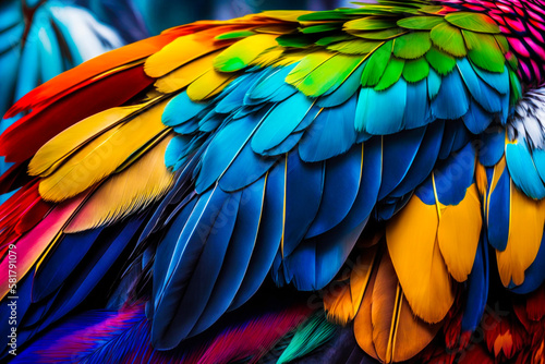 The colorful feathers of parrot are shown. Generative AI. © valentyn640
