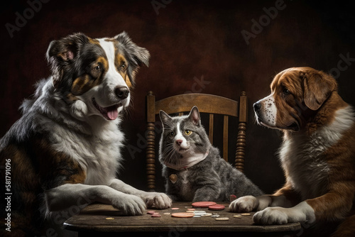 Three dogs and cat sitting at table playing cards. Generative AI. © valentyn640