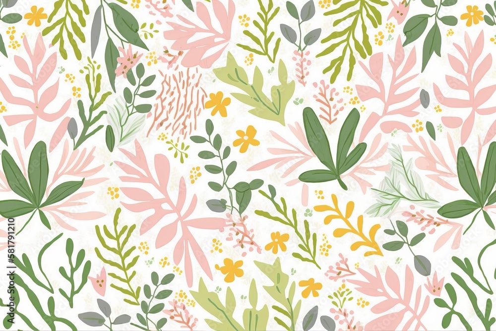Fototapeta premium Hand-drawn pattern of simple whimsical flowers (Ai generated)